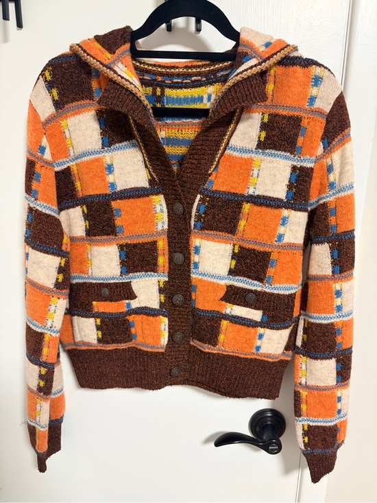 CHANEL Sweaters - CHANEL Orange Brown Cream Patchwork Hooded Cardigan Sweater